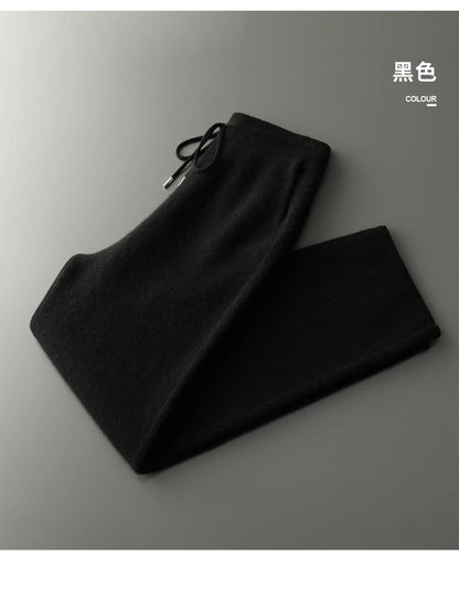 4PINK Thickened 100% Pure Cashmere Pants Men High Waist Knitted Wide Leg Pants Solid Color Lace Up Straight Pants Elastic Waist