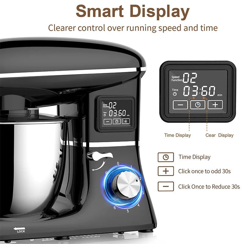 Commercial Stand Mixer 1500W, 6.5L Stainless Steel Bowl 6-Speed, Silent Design Smart Display Multi-Functional Dough Mixer.