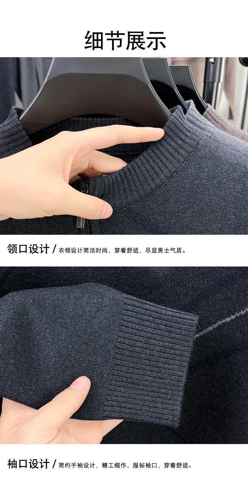 Men's New Thickened Turtleneck Knitwear Autumn Winter New Zipper Solid Color Sweater Middle Aged Warm Knit Top.