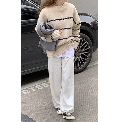 Retro Lose Pullover frauen Langarm Gestreiften Halb Stehkragen Stricken 2023 Herbst Winter Verdickt Warme Pullover