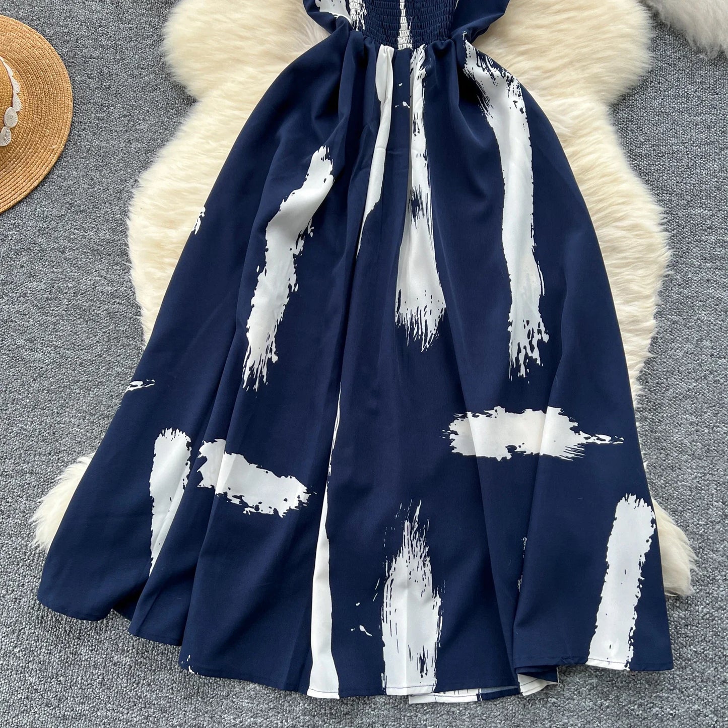 Neue Sommer Druck Süße Kleid Träger O Neck Backless Split Elegante Damen Urlaub Strand Party Midi Sommerkleid.