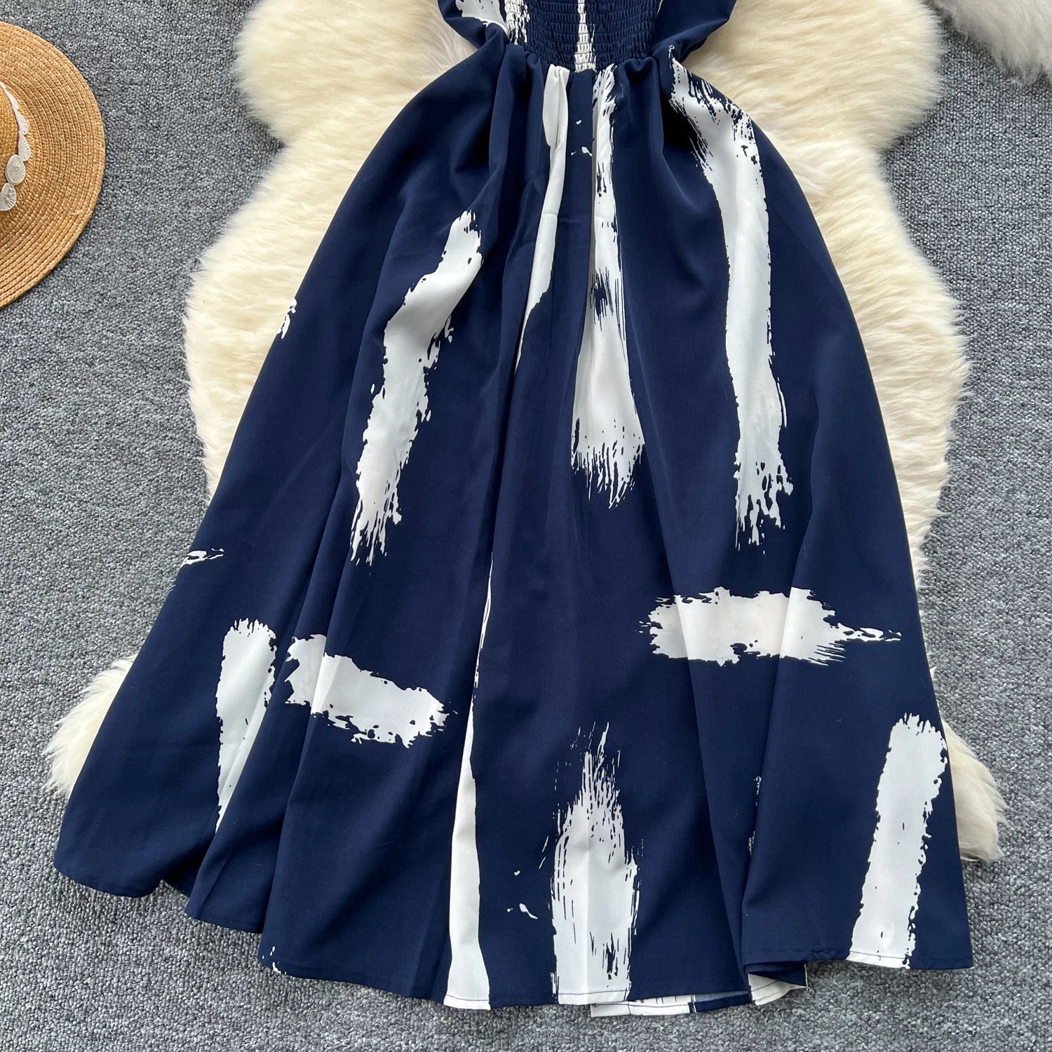 Neue Sommer Druck Süße Kleid Träger O Neck Backless Split Elegante Damen Urlaub Strand Party Midi Sommerkleid.