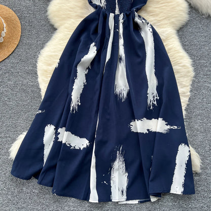 Neue Sommer Druck Süße Kleid Träger O Neck Backless Split Elegante Damen Urlaub Strand Party Midi Sommerkleid.