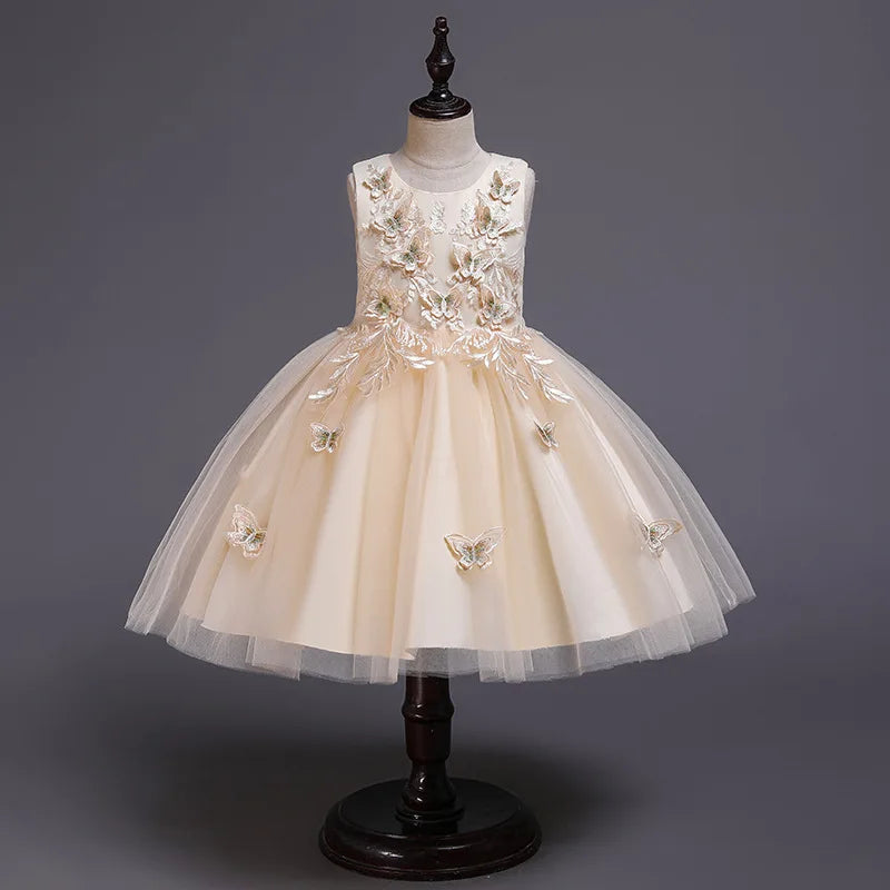Elegantes Kleid für Mädchen, Abend, Hochzeit, Schmetterlingsapplikationen, Netzstoff, Prinzessinnenkleid für Kinder, Geburtstagsfeier, Abschlussball, Performance-Kleid.