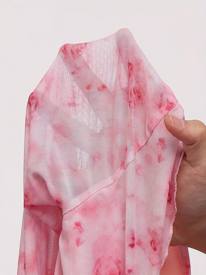 Summer Women's Y2k Floral Printed Sweet V-Neck T-shirts Mesh Beach Party Dress Top Flare Sleeve Square Collar Lace Up Shirt 2025.