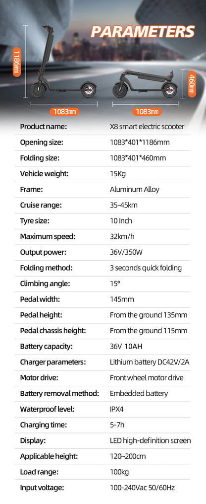 HX X8 Powerful Electric Scooter 350W 10AH 36V Removable battery EScooter Foldable 10.0 inch Wheel Self-Balance E Scooter