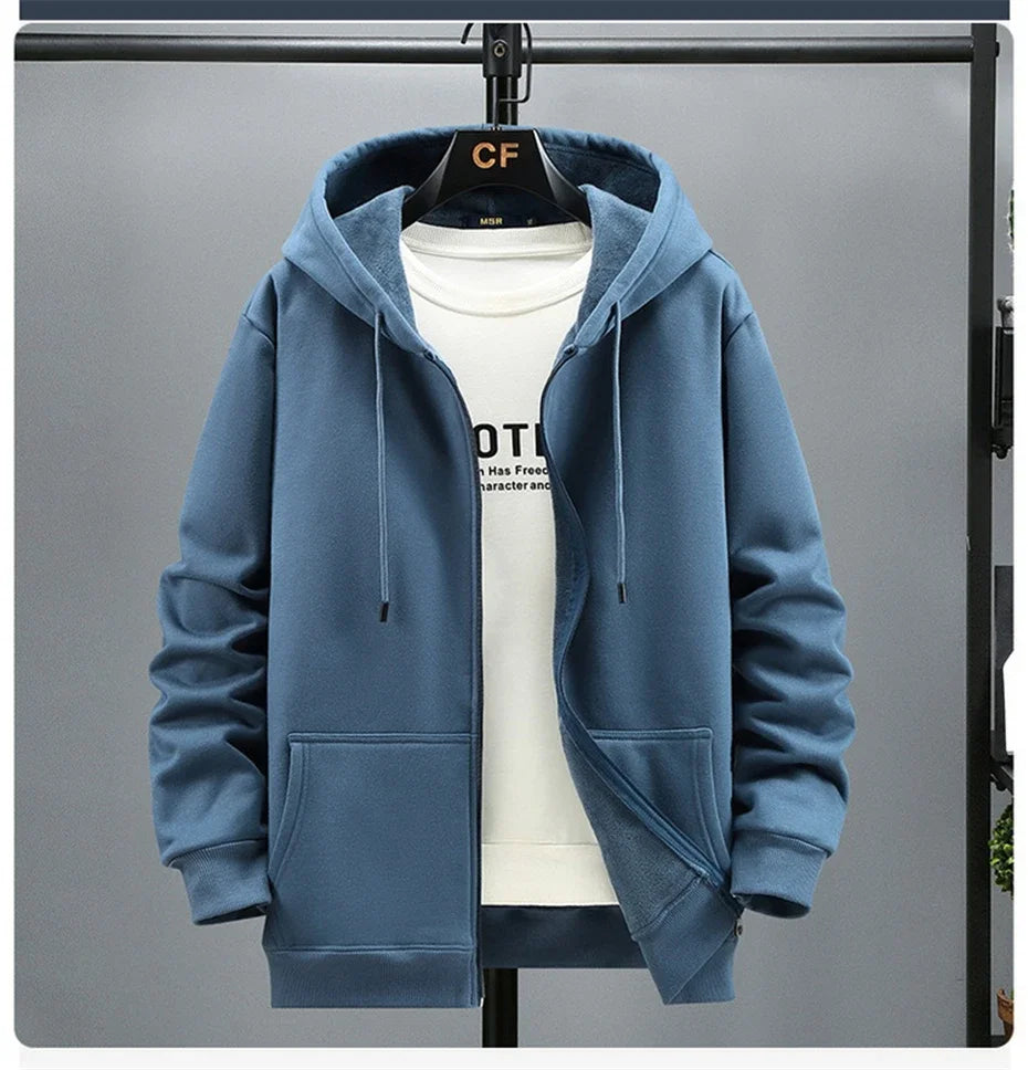 Big Size Hoodie Men Hood Long Sleeve Sweatshirt Male Zip-up Loose Cotton Fleece-lined Casual Top Zipper Large Fat Plus 10XL 12XL.