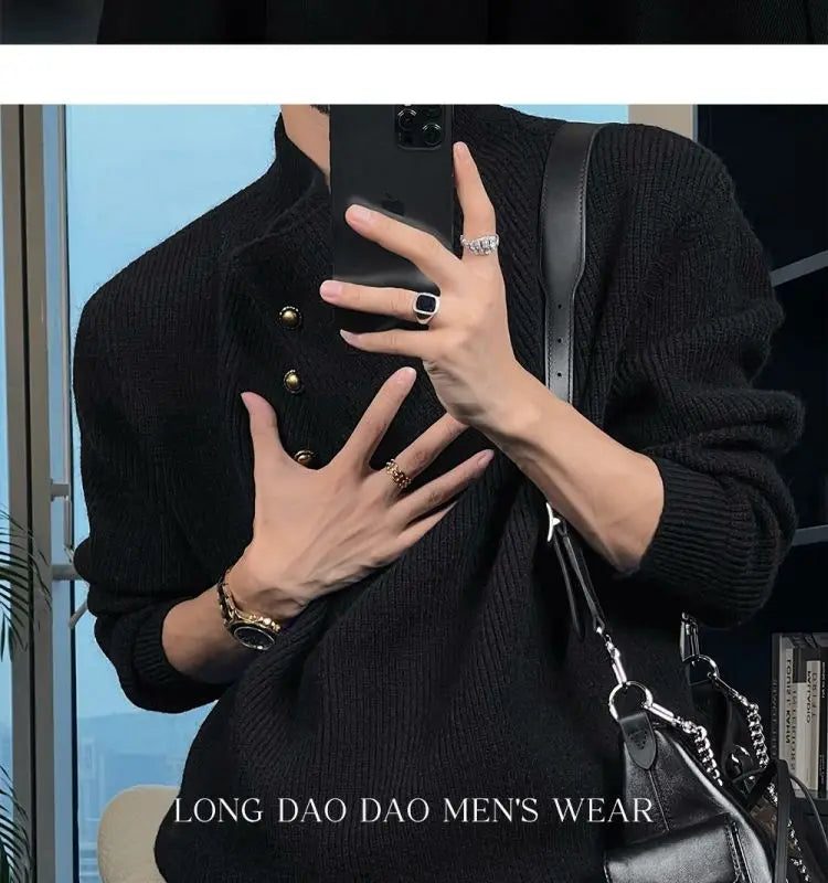 Vintage Trend Casual Autumn Winter New Men Turtleneck Solid Button Fashion Luxury Business Long Sleeve Pullovers Knitted Tops.