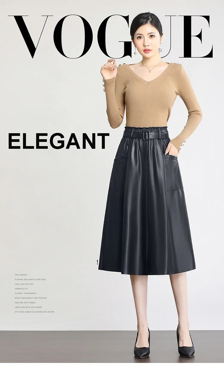 S-5XL New Women Plus Size Leather Skirt Spring Autumn Fashion Stretch Waist A-Line Loose Long Skirt Split Leather Sheepskin.