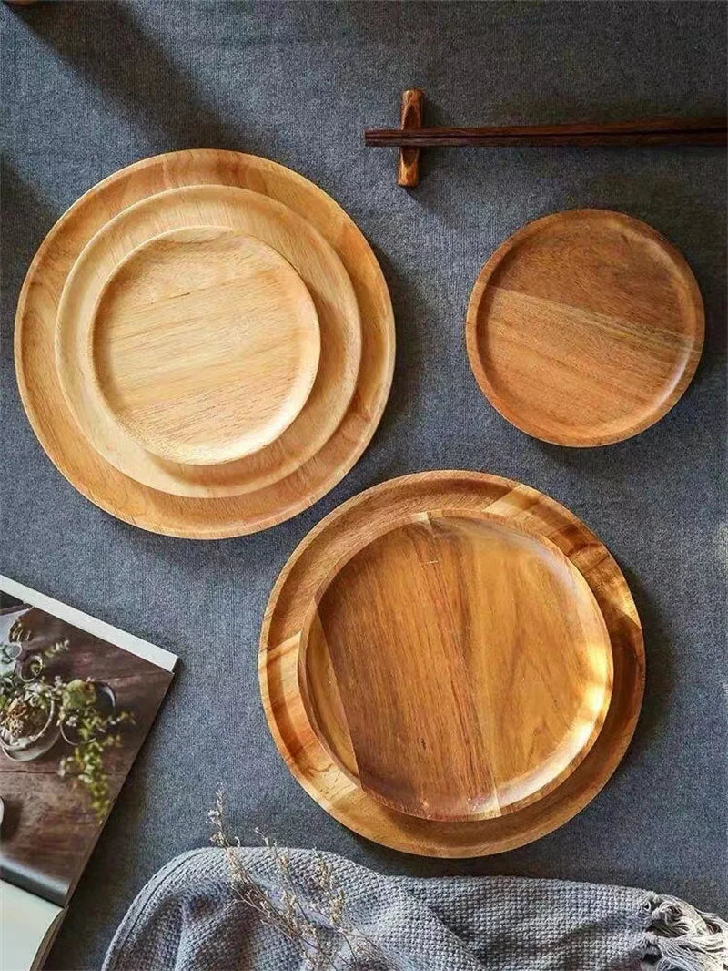 Wooden Tray Simple Round Serving Tray Retro Wood Plates Fruit Dessert Tray Snack Fruit Platter Food Plate Dish Storage Tray.