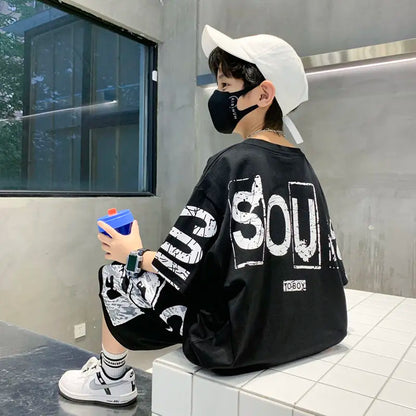 Boys Summer Trendy Casual Sports 2pcs T-shirts+Pants Suits 3-14 Years Teenage Boys Hip Hop Style Fashion Outfits Clothes Sets.