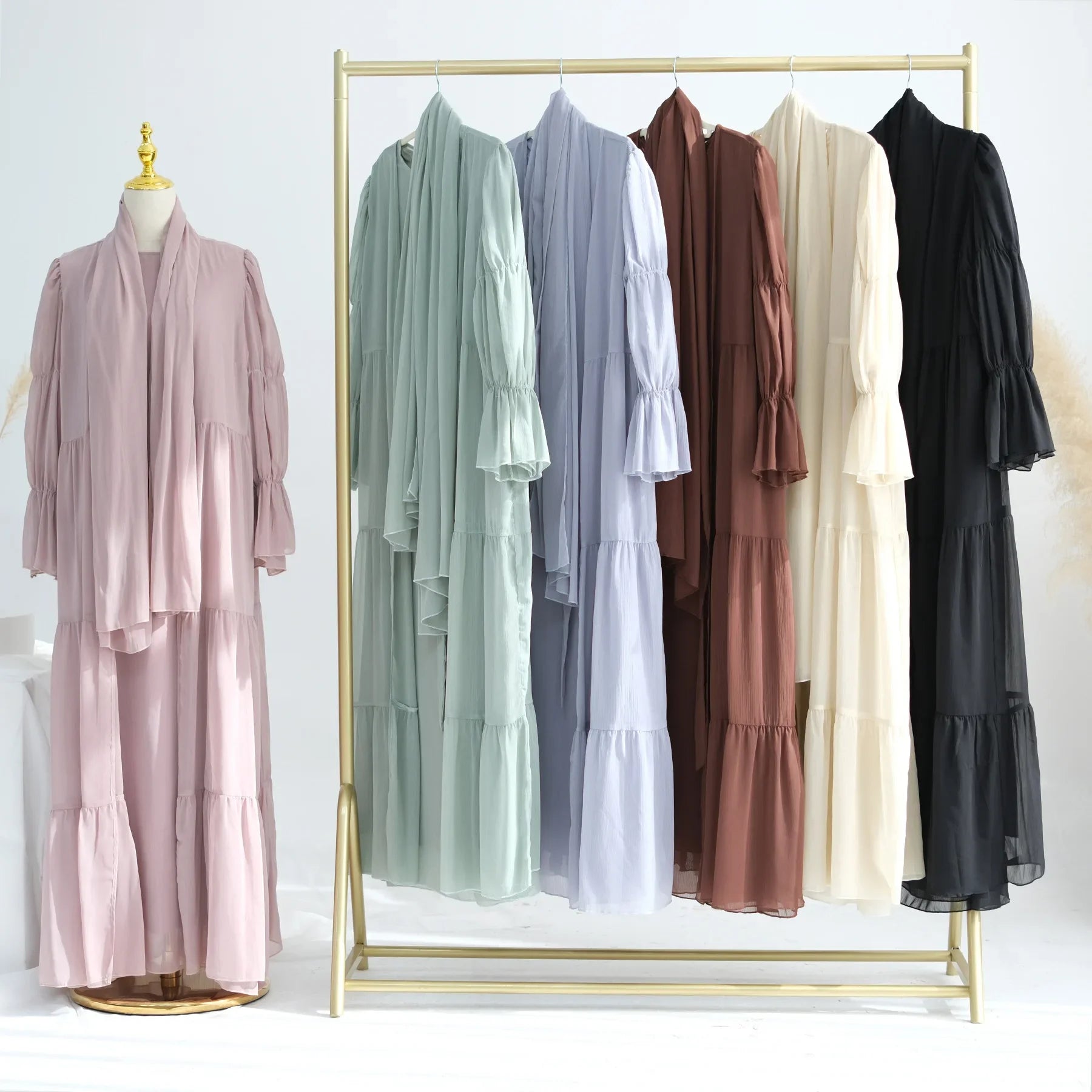 Chiffon Sheer Open Abaya Set Hijabi Muslim Women Party Ramadan Islamic Clothing  Dubai Turkey Kaftan Crepe Kimono Open Abayas.