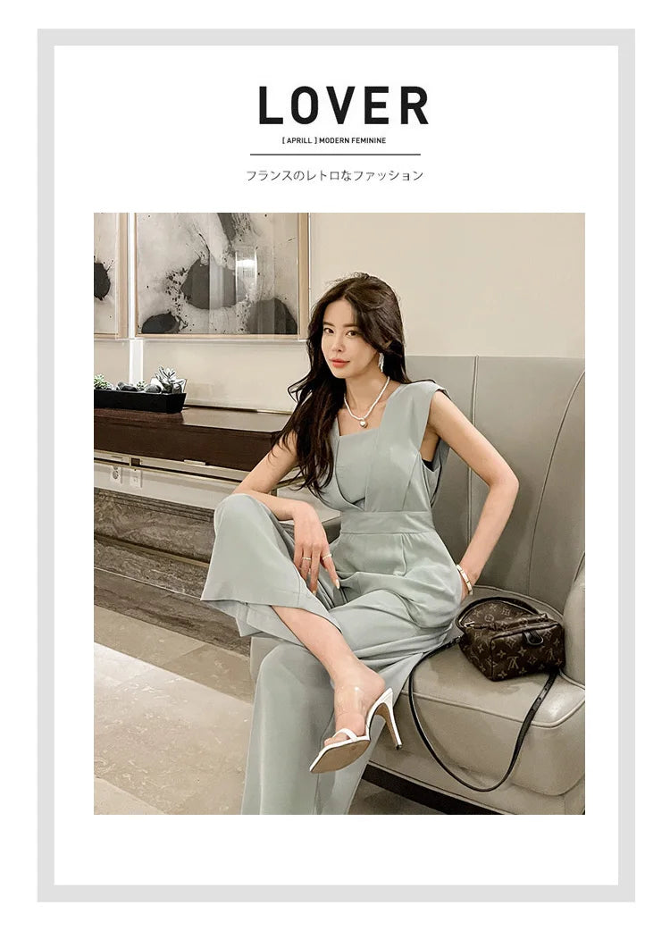 H Han Queen Summer Elegant Business Jumpsuits Women Simple Wide Leg Long Playsuits Korean Sleeveless Casual Rompers Office Lady.