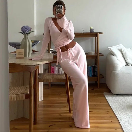 Apprabant Casual Fashion Drawstring High Waist Trousers Set Lace Up Flared Sleeve V Neck Twist Tops Plush Loose Pants Suit.