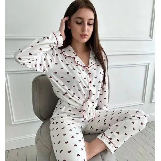 M-XXL Large Size Nightwear Women Sleepwear Autumn and Winter Cardigan Home Wear Peach Heart Long Sleeves School Silk Pajamas.