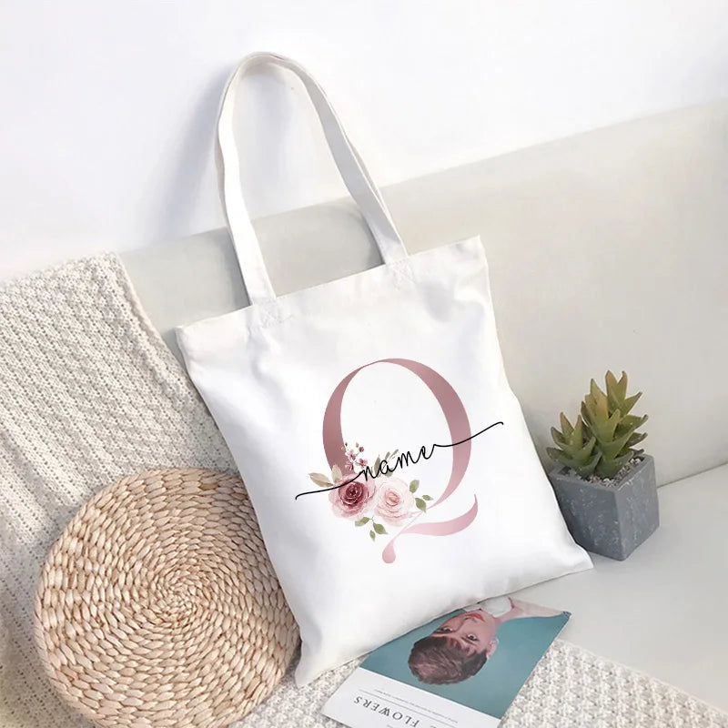 Custom Name White Canvas Tote Bag Large Capacity Foldable Supermarket Shopping Bag for Women Shopper Personalized Handbags