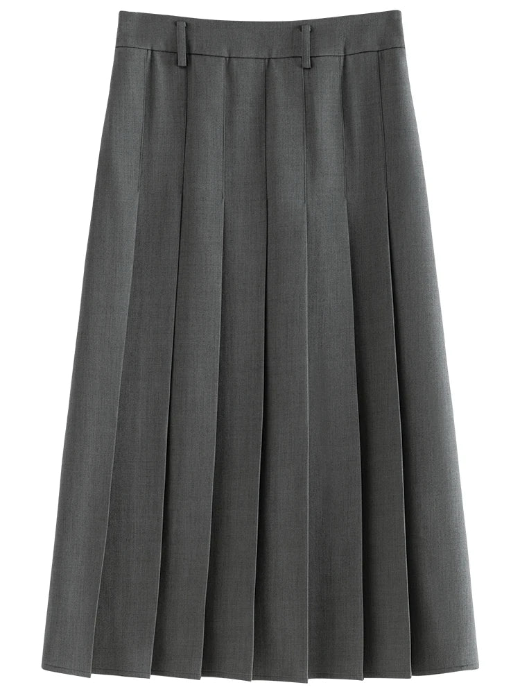 FSLE 2025 New Arrival Women Zipper Waist Office Lady Elegant Grey Skirt Pleated Design Navy Blue Color Long Skirt Daily Outfits.