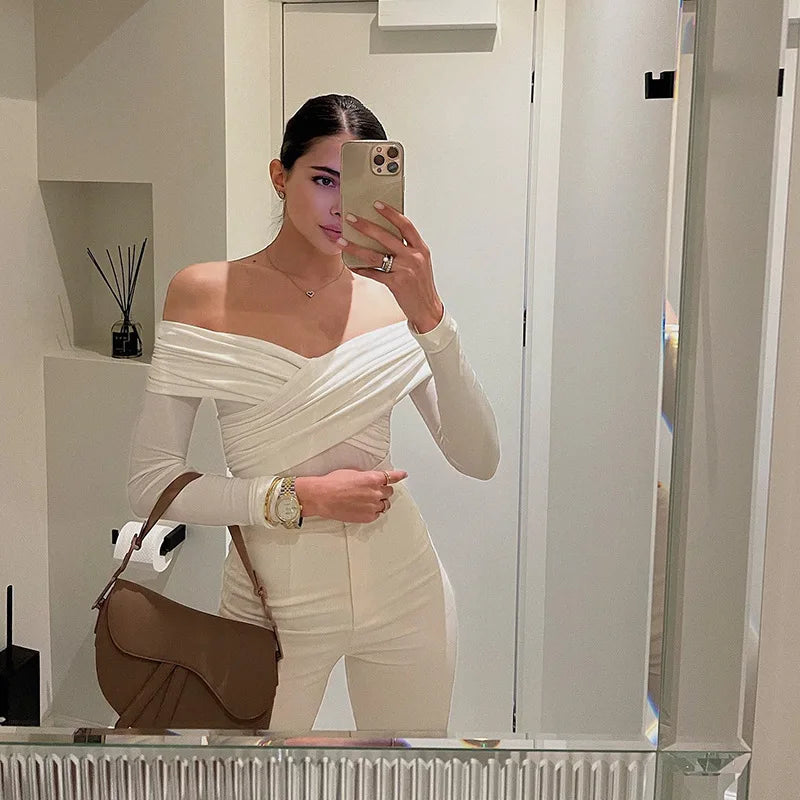 Sexy Off Shoulder Bodysuits Women Fashion Black Crossed Folds Skinny Rompers Long Sleeve Fashion Streetwear Autumn Bodysuits New.