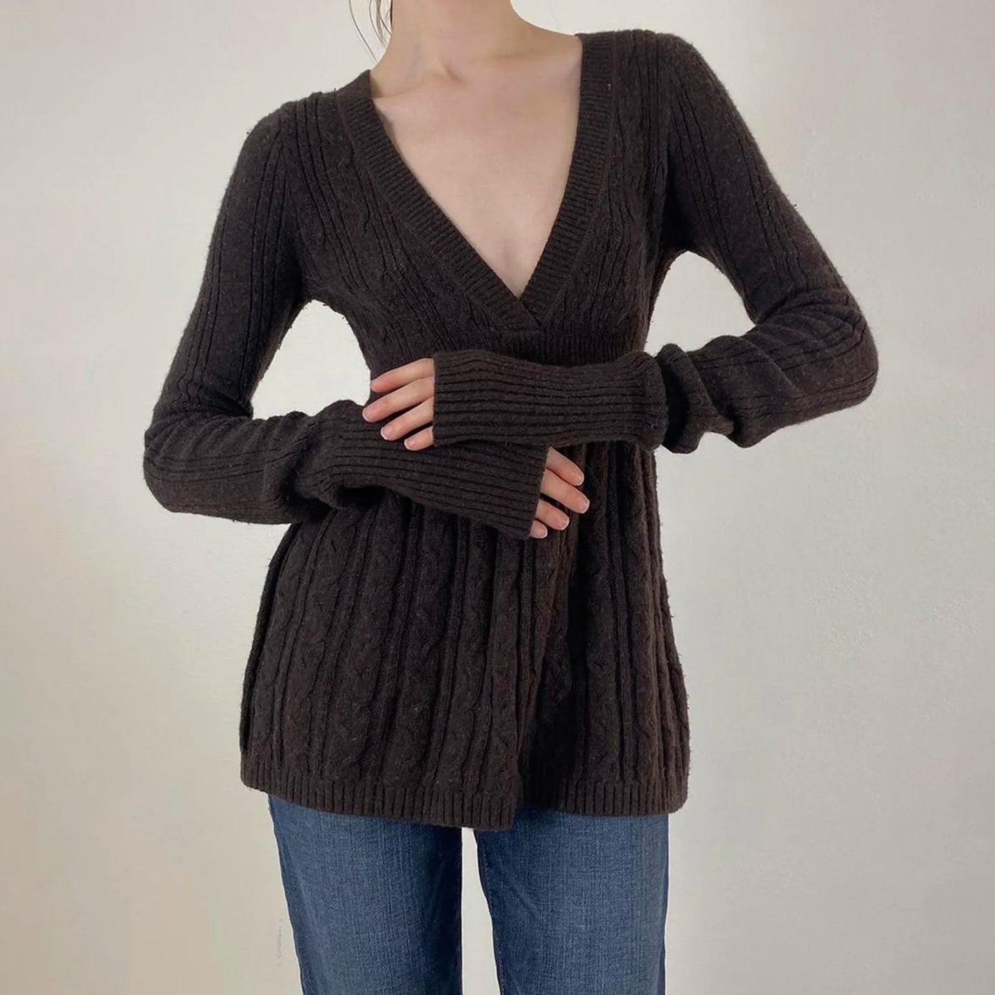 Y2K Zopfmuster-Pullover für Damen, weicher Pullover mit V-Ausschnitt, Tunika, solider A-Linien-Saum, langer Pullover, dehnbar, lässig für Herbst und Winter.