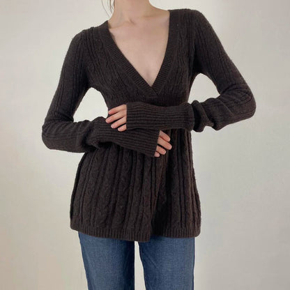 Y2K Zopfmuster-Pullover für Damen, weicher Pullover mit V-Ausschnitt, Tunika, solider A-Linien-Saum, langer Pullover, dehnbar, lässig für Herbst und Winter.