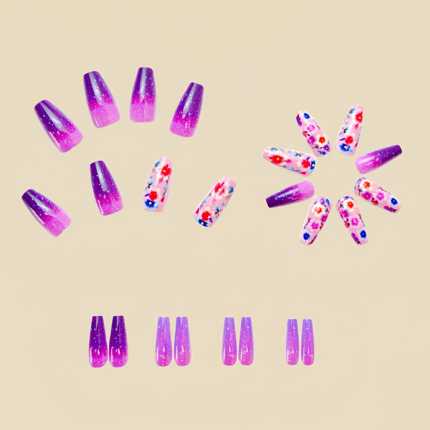 24pcs/set short medium long fake nails for Spring summer season gradient peach flowers butterfly heart press on false nail art