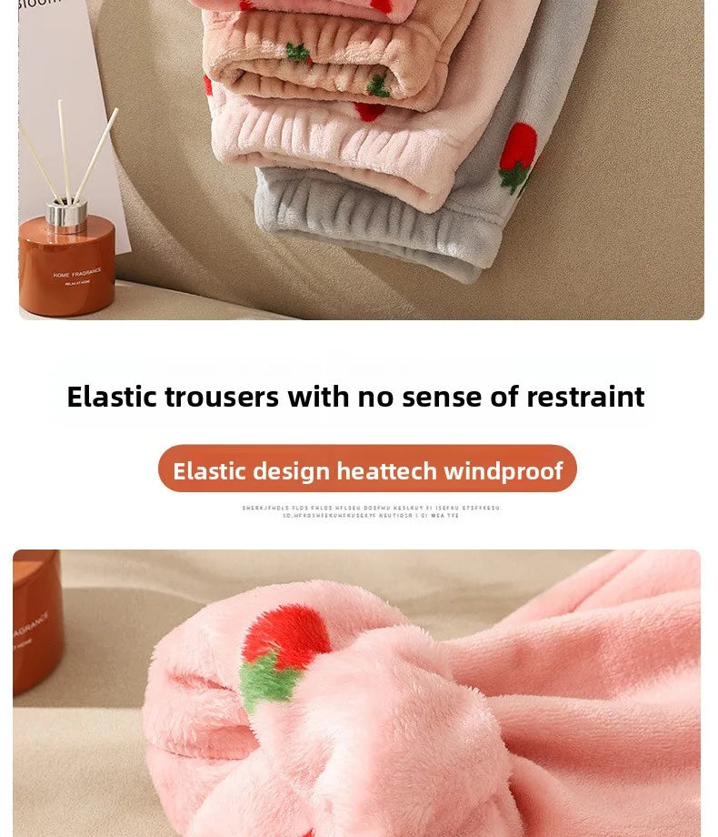 Warme Damen-Nachtwäsche für den Winter, bedruckt, Erdbeere, O-Ausschnitt, Korallensamt-Pyjama, Loungewear, zweiteiliges Set, süße Damen-Pyjamas