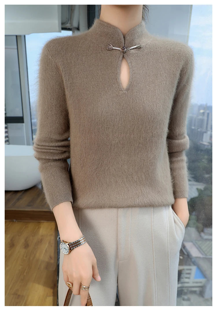 2024 autumn winter new 100% mink cashmere sweater women's pullover slim-fit long sleeve solid color stand collar bottom knitwear