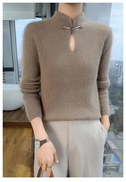 2024 autumn winter new 100% mink cashmere sweater women's pullover slim-fit long sleeve solid color stand collar bottom knitwear