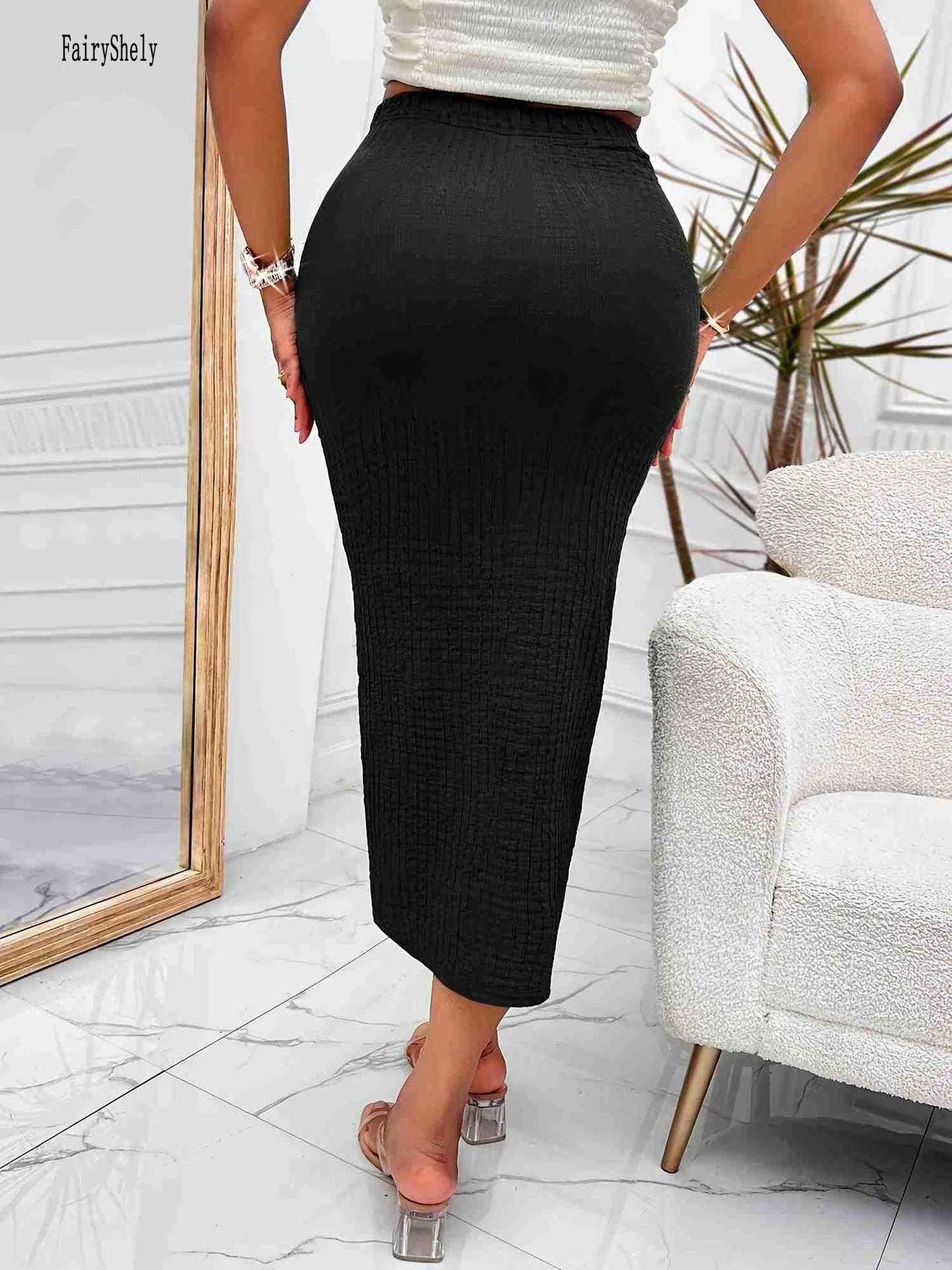 Fairyshely Sexy Black Knitted Long Skirt Women 2025 Summer Knot High Waist Midi Skirt Ladies Elegant Split Wrap Bodycon Skirt.