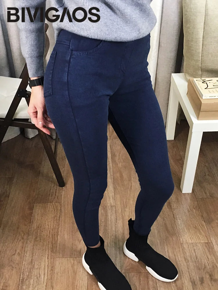 BIVIGAOS Fashion Women Basic Casual Slim Stretch Denim Jeans Leggings Pencil Pants Thin Skinny Jeggings Korean Womens Clothing.