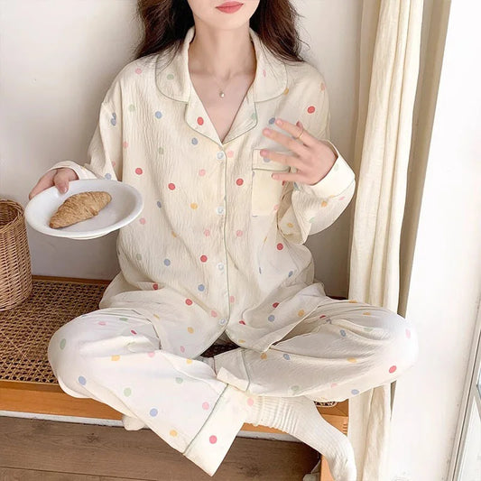 Koreanische Farbige Wavelet Dot Nachtwäsche frauen Herbst Lange Ärmeln Set Kleine Frische Hause Kleidung Lose Internationale Student Pyjama.