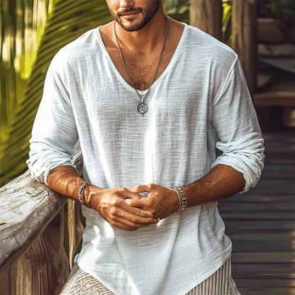 2025 Spring Summer Breathable Thin T-shirts Mens Casual Solid Color Long Sleeve Pullover Tops Men Leisure Loose V Neck T Shirt.