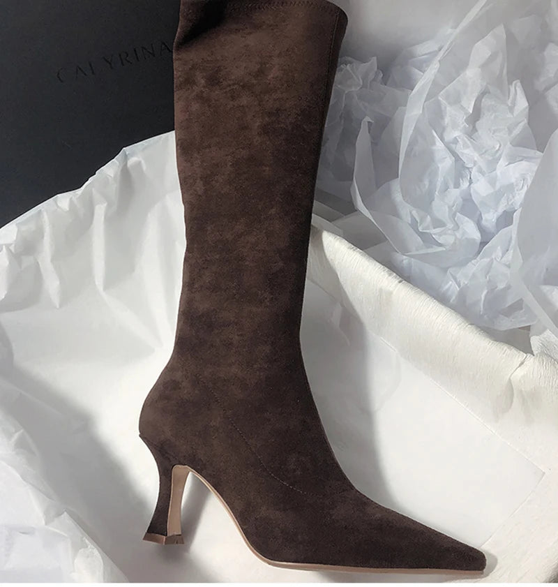 Women Stretch Modern Long Boots Fashion Pointed Toe Knee High Booties Designer High Heels Shoes.