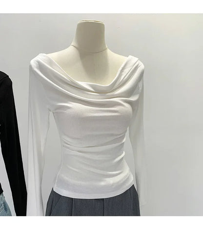 Off-The-Shoulder Long Sleeve T-Shirt Women's Early Autumn New Slimming Design Korean Style Sweet And Spicy Fashion Tops.