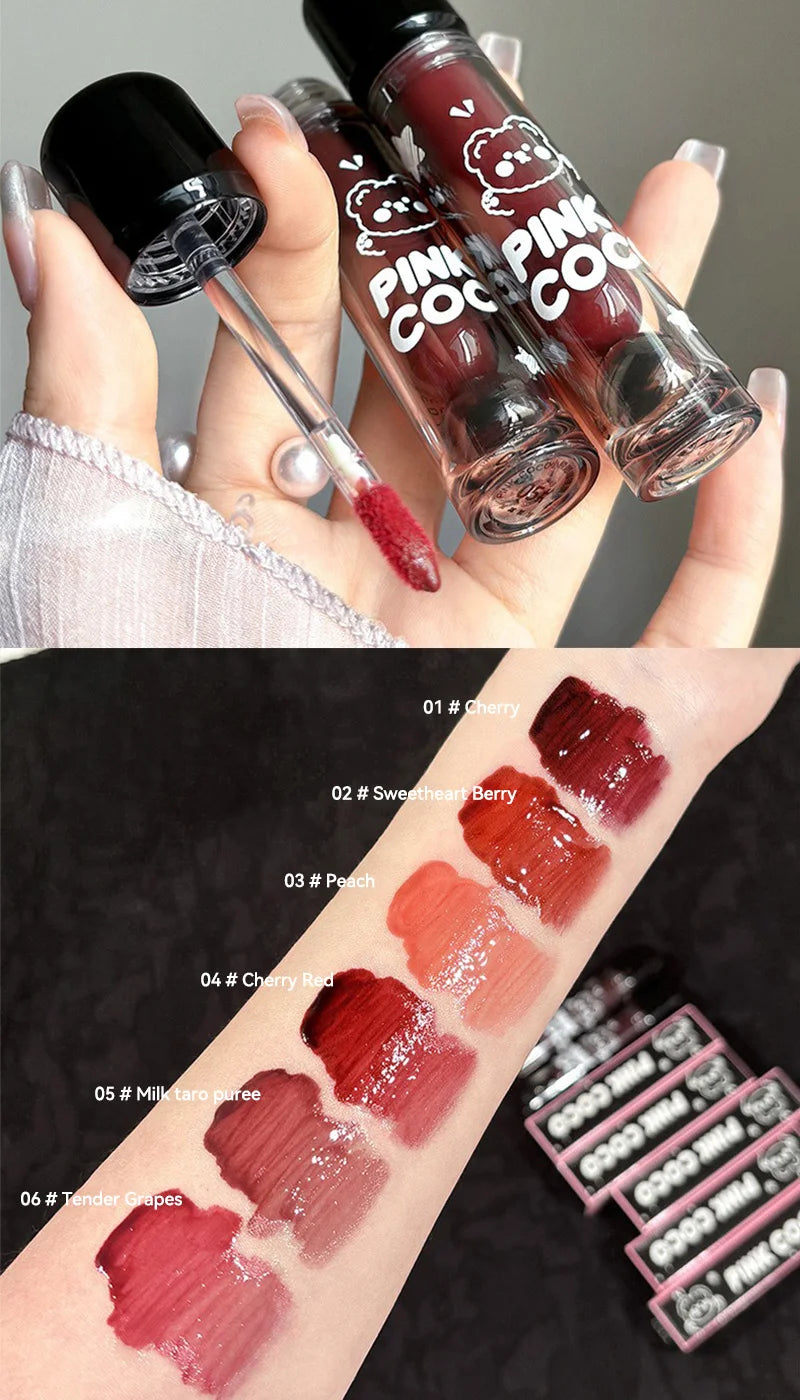 PINKCOCO Bear Doodle Mirror Lip Glaze — Long-Lasting Shiny Lip Gloss, Student-Friendly, Skin-Brightening Nude Lipstick.
