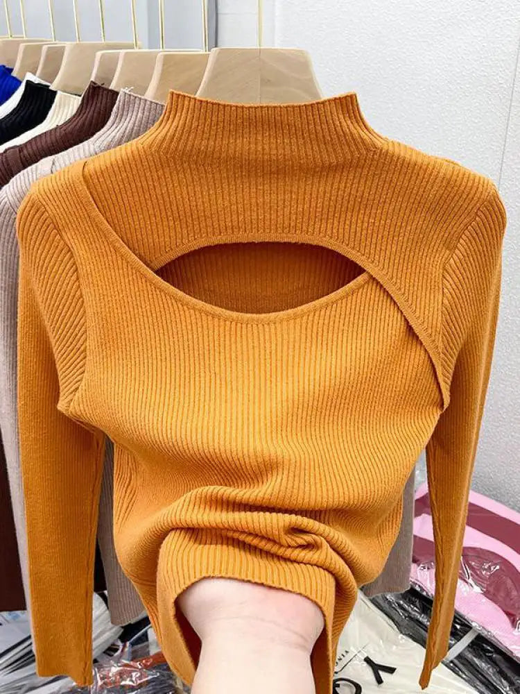 2025 weibliche Casual Pullover Herbst Winter Sexy Aushöhlen Frauen Pullover Schlank Vintage Jumper Weiche Warme Pull Gestrickte Pullover Tops