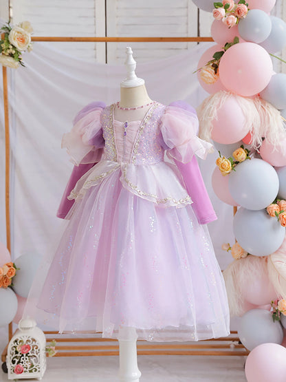 Wunderschönes Mädchenkleid, Puffärmel + lange Ärmel, Netzbedeckung, geeignet für Tänze, Partys, Auftritte, Host-Verkleidung.