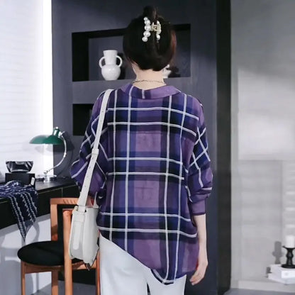 Elegant Twist Design Long Sleeve Shirt Polo Collar Checkered Slim Fit Versatile Top.