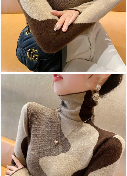 Women Clothing Vintage Fashion Slim Turtleneck Sweaters Autumn Winter Elegant Chic Patchwork Knit Pullovers Office Lady Tops.