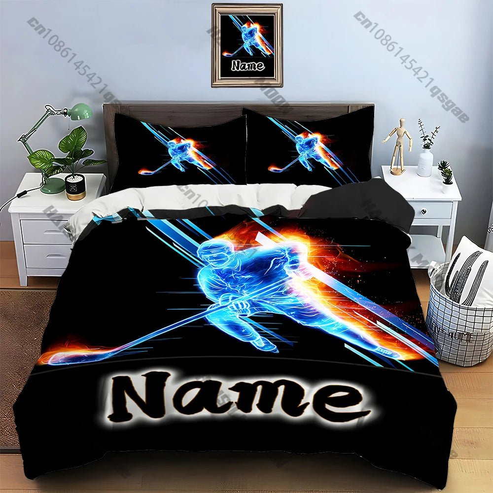 Stylish Ice Hockey Pattern Print Bedding Set Duvet Cover 1 Duvet Cover 2 Pillowcases Adult and Kids Bedding Set Luxury.
