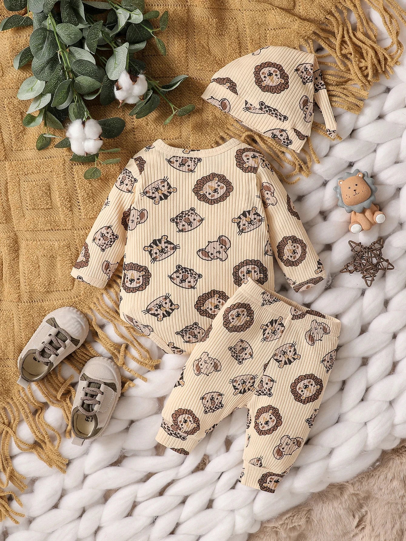 3Pcs Casual Neugeborenen Baby Junge Cartoon Tier Kleidung Set Langarm Body Top und Hosen + Hut.