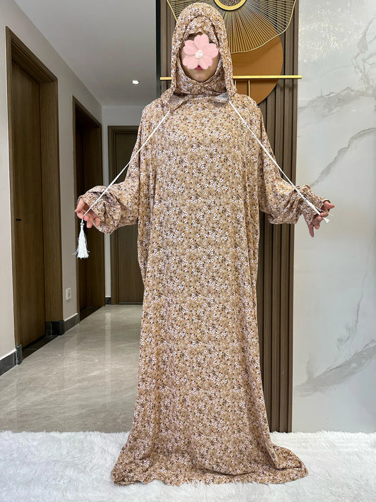 New Ramadan Muslim Two Hats Abaya Dubai Turkey Islam Prayer Clothes Floral Cotton Long Dress Islam Women Dress Kaftan.
