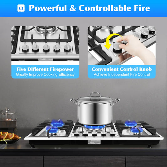 Stainless Steel Gas Cooktop with 5 Burners Electronic Pulse Ignition Built-in 3kw 2.75kw 1.75kw 1.75kw 1kw Gas Cooktop.