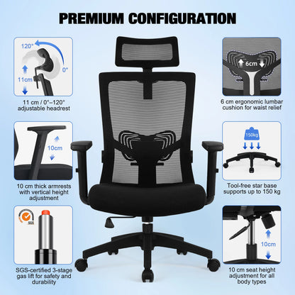 AUTHMIC Ergonomischer Bürostuhl aus Netzstoff, verstellbarer, drehbarer Computer-Schreibtischstuhl mit Liegestuhl 90er ° -135 Lordosenstütze für das Heimbüro