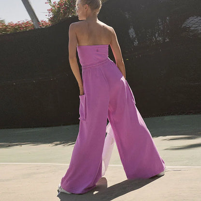 Stylish New Backless Sleeveless Commute Playsuits Women Tube Top Wide Leg Drawstring Rompers Elegant Solid Color Pocket Jumpsuit.