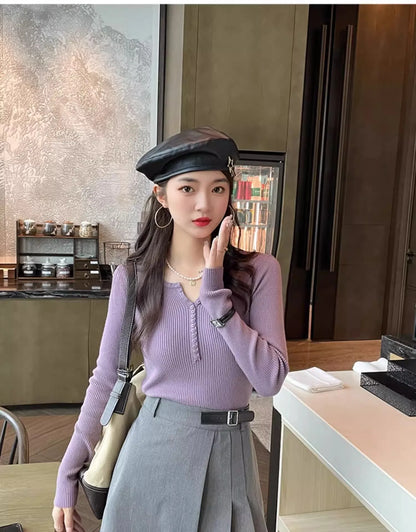 2025 frauen Solide Strick Pullover Herbst Winter Pullover V-ausschnitt Taste Langarm Schlank Pullover Koreanische Casual Basis Schicht Y2k