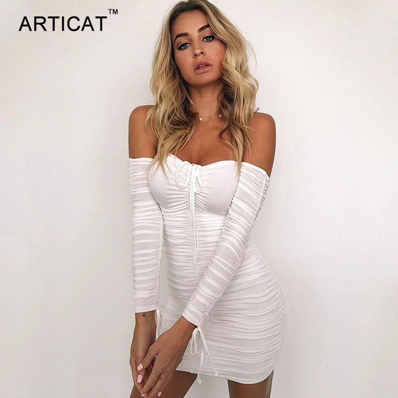 Arctic Cat Frauen Herbst Winter Verband Kleid Frauen 2022 Sexy Off Schulter Lange Hülse Dünne Elastische Bodycon Party Kleider Vestidos.