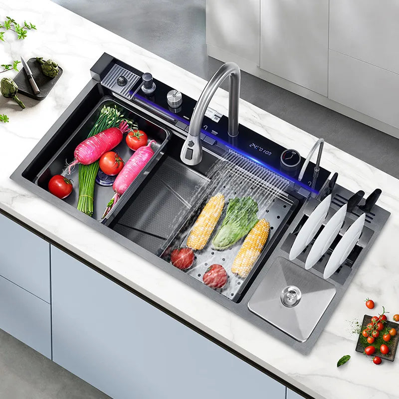 Stainless Steel Kitchen Sink Large Size Single Slot Multifunctional With Trash Can and Drain Rack Household Wash Dish Basin