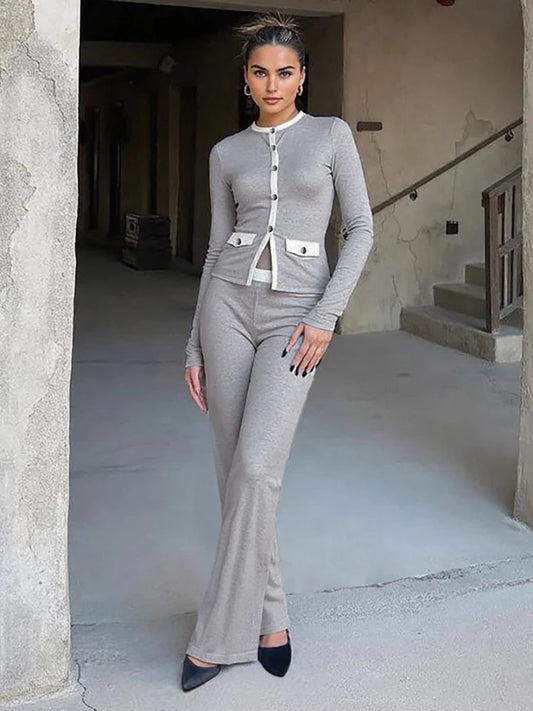 Sisterlinda Classic Street 2 Piece Set Autumn Daily Panelled Trim Full Sleeve Single Breasted Tops+Slim Pants Female Casual Suit.