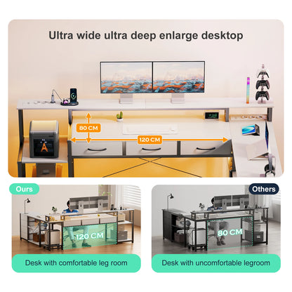 Weißer L-förmiger Schreibtisch mit LED Beleuchtung Schubladen Regal USB Steckdosen Computertisch 200cm